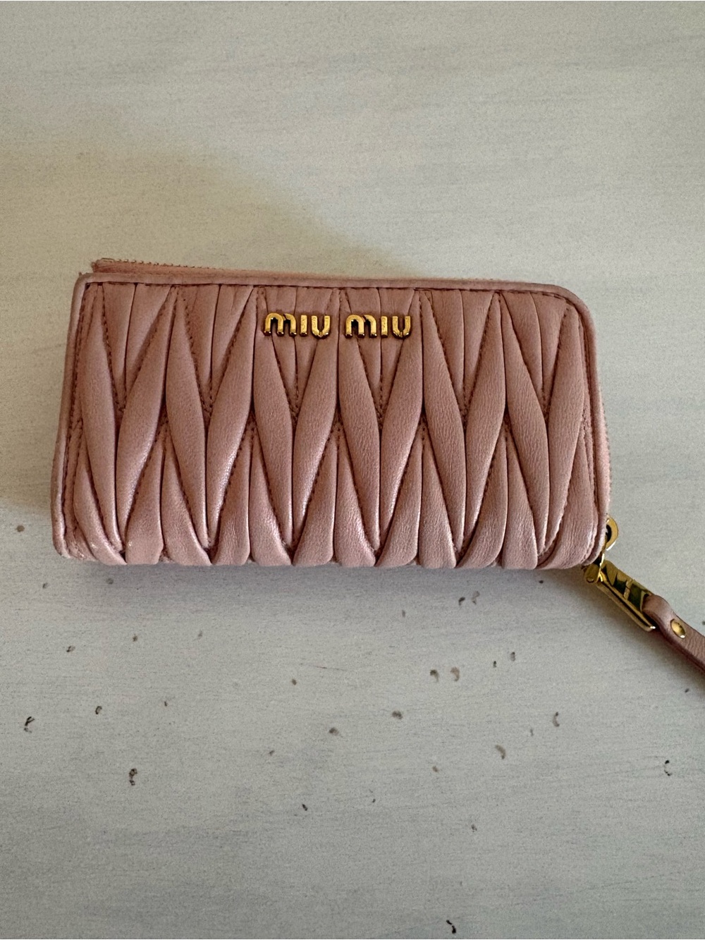 Miu Miu Blush Pink Matelassé Zip-Around Wallet with Gold Logo
